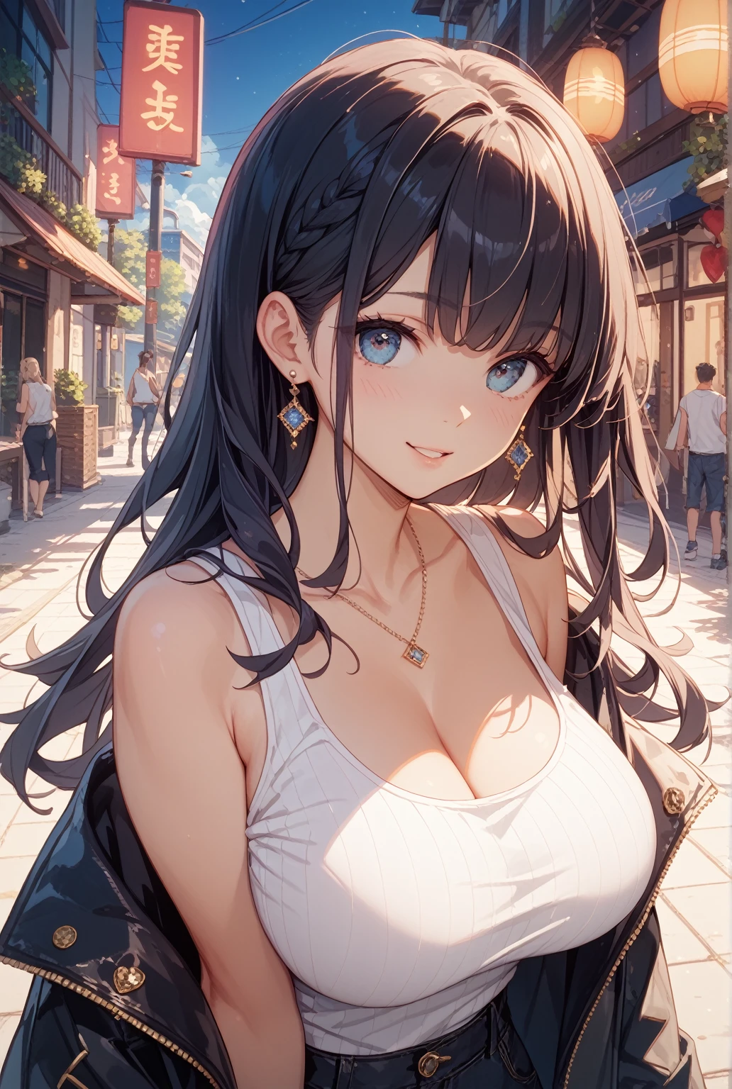 ((Depiction of only the upper body))、masterpiece、High resolution、High resolution、high quality、High resolution、Ten generations of women、((Petite figure))、(((Straight bangs)))、Beautiful Lips、(((Very large breasts)))、Courting face、Smiling with teeth showing、((near))、White tank top、blue sky