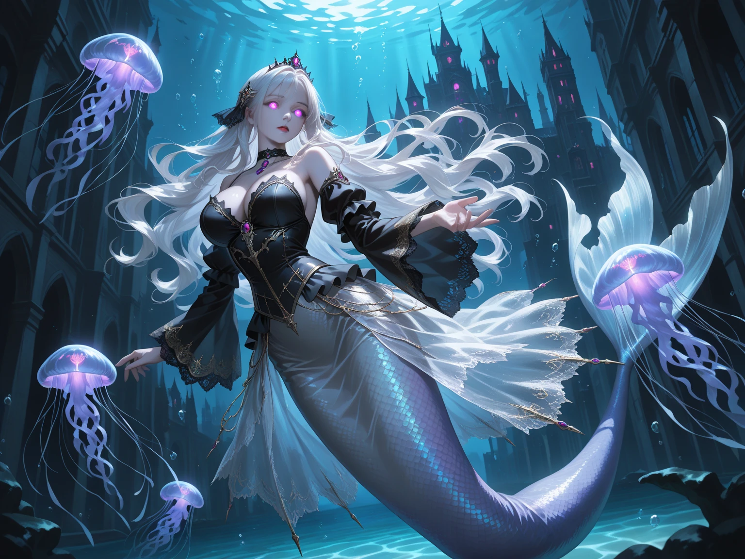 a woman with long curly white hair, beautiful detailed eyes, beautiful detailed lips, smiling expression, wearing a flowing blue dress with pearl accessories, queen of the sea, realistic, Wearing a fish horn headband, makeup, standing sensual, blue nails, cleavage