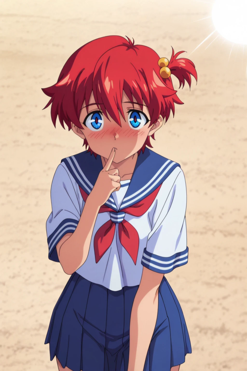 score_9,score_8_up,score_7_up,score_6_up,score_5_up,score_4_up,source_anime,(solo:1.15),(front light:1.8),
masterpiece,absurdres,highres,highest quality,hyper-detailed,32K,ultra-high resolution,an extremely delicate and beautiful,Official Art,perfect anatomy,intricate,100-layer,excellent, (Contrasting colors,octane rendering,Fully painted,anime coloring,anime screencap,Cel-shaded anime,1990s \(style\),retro artstyle,hi-vision anime:1.25), perfect face,ultradeTailed eyes,beautiful,sexy,supermodel,athletic body,shiny skin,Dramatic light,thigh,(curvy:1.1),(scale to fit the dimensions:1.2),
looking at viewer,blush,upper body,finger to mouth,nose blush,sand,
yuta hibiki, blue eyes, red hair, short ponytail, side ponytail, sailor collar, crossdressing, school uniform, serafuku, skirt, pleated skirt, hair ornament, hair bobbles, blue skirt,