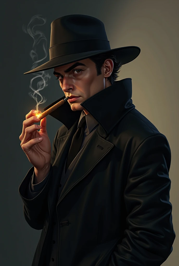 Man in shadows with hat and a pipe in his hand talking in cartoon