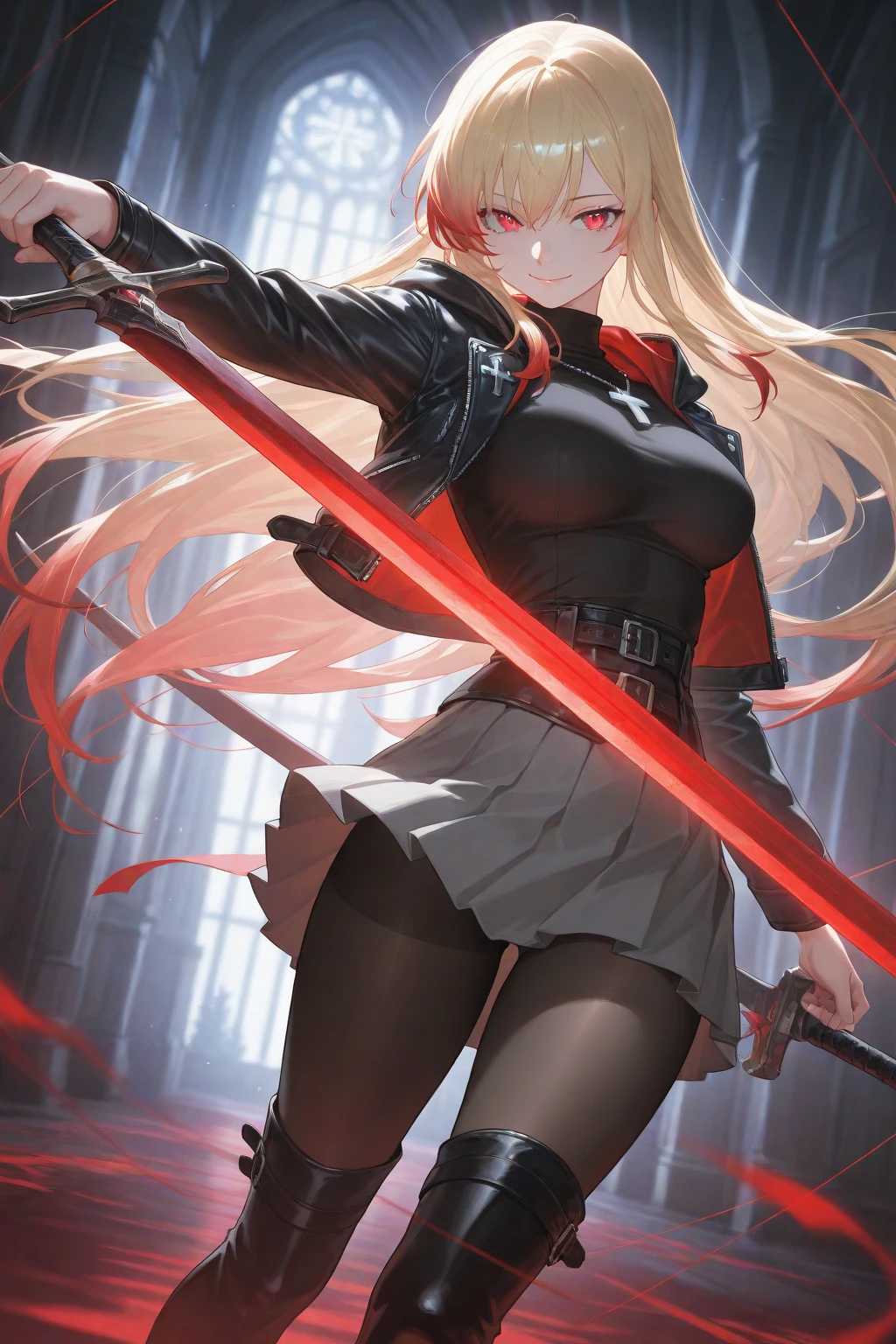 (Illustrations of detailed,Very detailed and meticulous drawing,Delicate lines，Slow and fast,Realistic texture expression),[Colored braid main line],[Briefing Room Background],([Endless] Japanese cartoons (Japanese girl 17 years old)muscular [[karate]],(black leather jacket) ([A tiger] Translucent rubber lining) [Tiger Stripes],[],,(Exquisite and beautiful decoration [Dense details]),(Delicate and beautiful skin expression [transparency]),[Perfect eye details (Every detail of the iris is beautifully painted)[Gemstone eyes]],[Long and beautiful eyelashes],[Carefully drawn hair [Learn more about beautiful, shiny hair]],(Perfect hand details [Beautiful fingers without flaws [Beautiful nails]]),(Perfect anatomical structure (Perfect proportion)) [[Full body portrait]],[Ideal color coordination(Accurately simulate the interaction of light and matter)],(high quality,[Precision details] high resolution,(detailed,high detail)),.Suspender stockings,Very sexy, Upskirt, Random lower back angle，Wearing black high-waisted pants and tights with delicate embroidery，Wearing white ruffled bow gloves), Show off your slender figure and beautiful curves, Correctly positioned limbs!