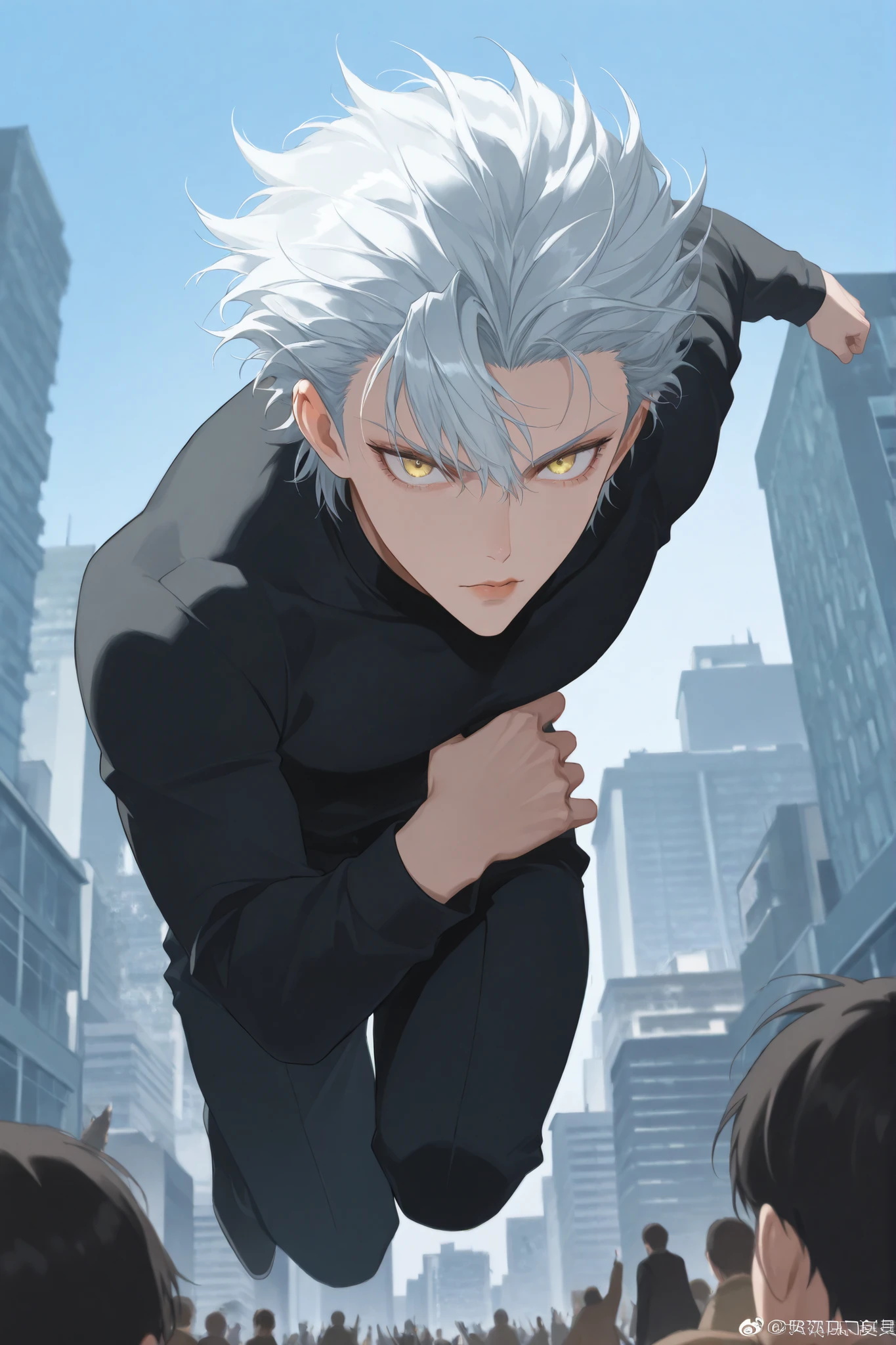 (man:100%) (close-up of a better masterpiece:0.5)0.9], (buildings and people:8:2) (Scattered silver hair:1) (Yellow and yellow eyes:1.2) (wolf cut:1.0) (by color in the eyes:1.0) (Shining brilliance:1.1) (thick lips jumping:0.9) (silver hair 1.0) (Full body ratio 100)