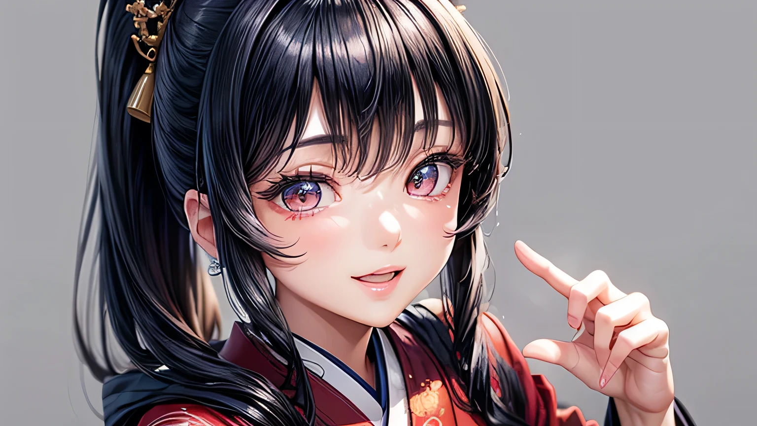 Beautiful Japanese women drawn in the highest quality manga。Her eyes are expressive、has a perfect face。She has the charm of a cute anime character.、wearing a beautiful Japanese kimono。The kimono has a dragon embroidered on it.、Features black and red colors。She has long black hair typical of a Japanese woman.、I have a ponytail hairstyle。Her single eyelid is attractive、Sexy look with hooded eye style、A deep set hairstyle。Her smile gives off a mysterious charm、She brightens up the situation in beautiful images。(((Close up of upper body)))