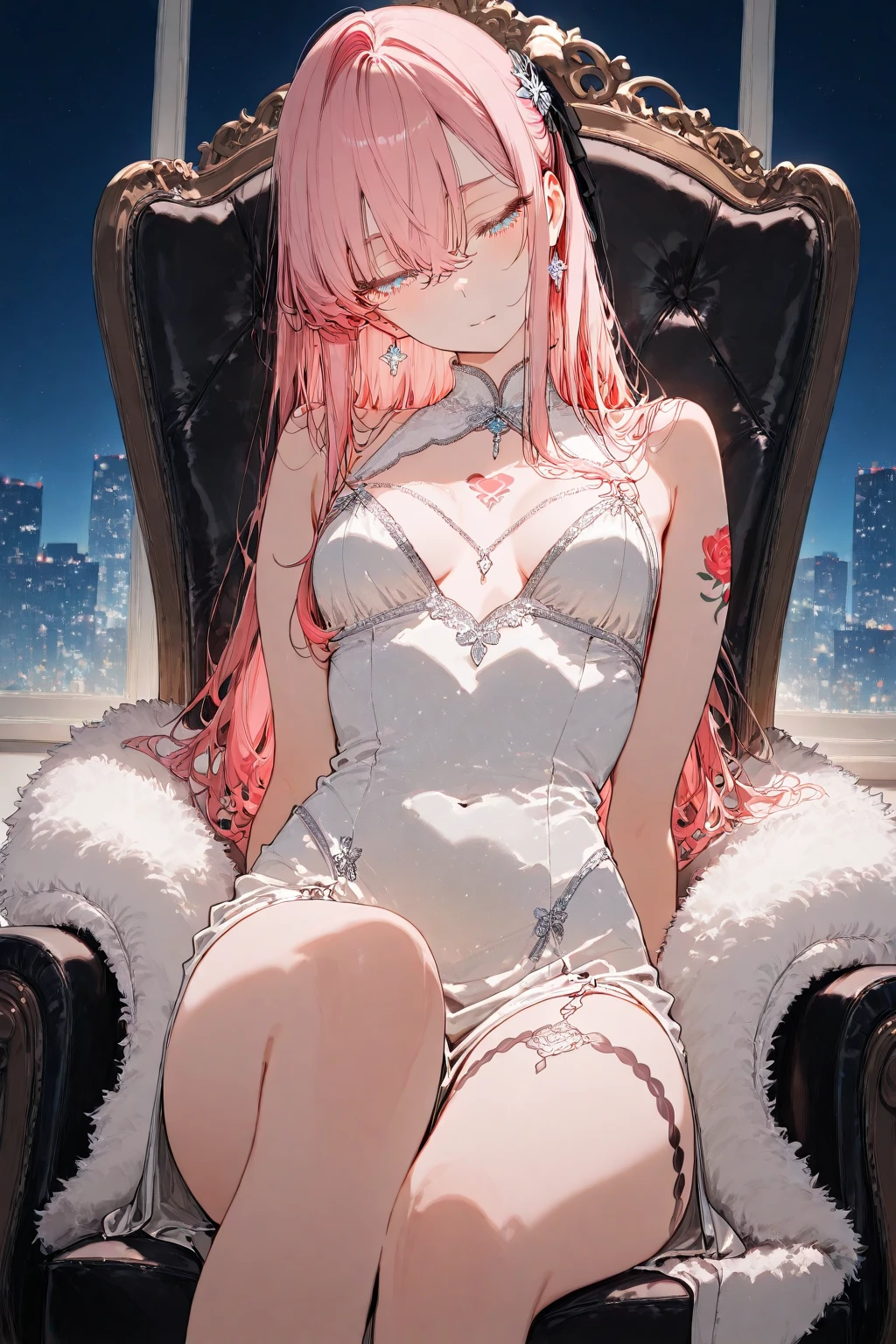 (masterpiece), best quality, (((ultra detailed, 8k quality))), expressive eyes, perfect face, perfect anatomy, perfect bodyaalala, long hair, ahoge, hair ornament, green eyes, breasts, white dress shirt, naked shirt,cleavage ,open shirts,large shirts,no panties,bottomless,