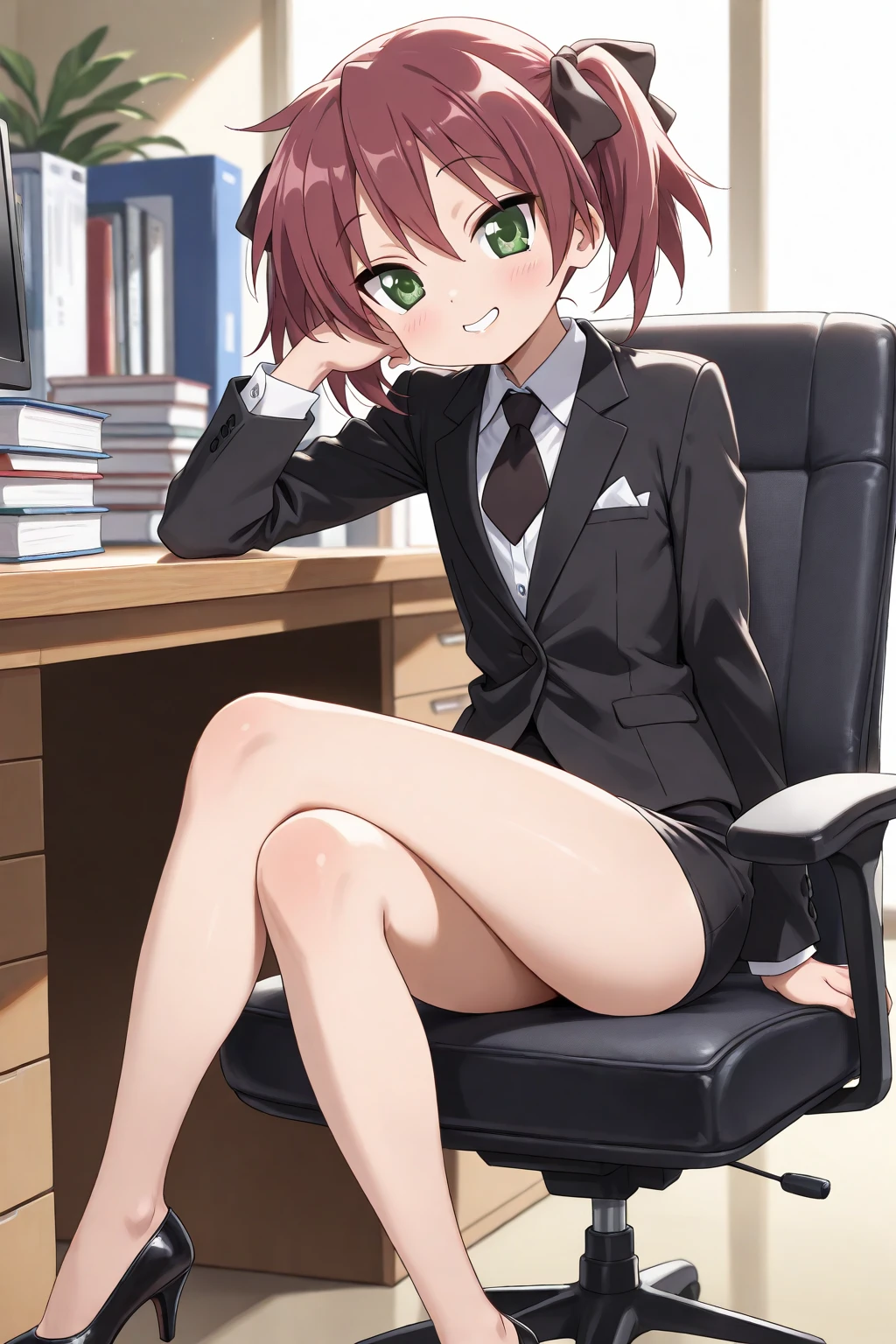nsfw,cherry blossom cream, short hair, ribbon, Green Eyes, hair ribbon, Pink Hair, Ahoge,
skirt, Plaid, Plaid skirt, shirt, white shirt, collared shirt, Jacket, Long sleeve, Captivating smile,masterpiece,Noise Reduction,Perfect Anatomy,High resolution, Very detailed,Game CG,Dutch Angle ,Beautiful attention to detail,Visual Arts,Five Fingers, Perfect hands, Perfect lighting,                                    
                                  Cowboy Shot、(White panties)、(from below),（,arms behind back,）、Sit on a chair、Spread your legs、