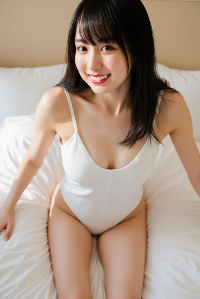 ((Highest quality, 8K, masterpiece: 1.3)), RAW photo, Beautiful woman with perfect body: 1.4, 22 years old, 1 Girl))), (on all fours1.4),  (slim:1.4), smile, (Dark blonde layered haircut)), ((small head: 1.6)), Highly detailed face and skin texture, fine grain, double eyelid, (curvy), Medium Bob Hair, smile, (on all fours1.4), erotic, sexy, whole body, Young and beautiful girl, Morphologically correct, Cute Face, Thighs, (big breast:1.1), (ONE PIECE Swimsuit), white Swimsuit, ((Tight swimsuit)), (nipples), (navel dimple:1.2), curves, thin waist, ((High leg swimsuit:1.6)), (medium hair), (small head:1.6), (full body shot:1.4), (long legs:1.6), in the bedroom, with a bed, (on all fours1.4), photorealistic, realistic photo, ultra realistic photo, raw photo, closeup shot, cinematic lighting, depth of field
