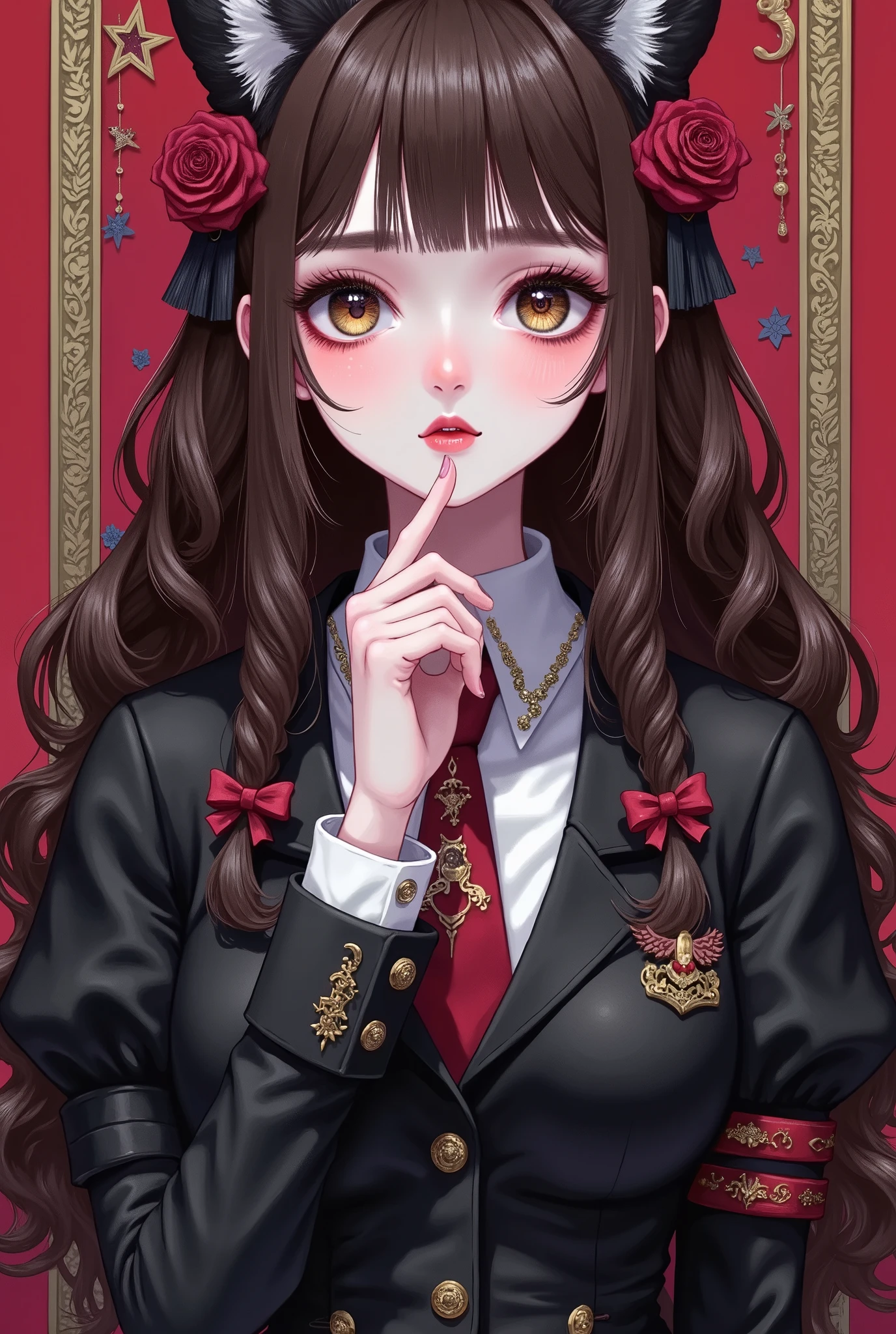 Girl, long wavy and falling brown hair, olive brown eyes, sharp features, white skin, light pink lips, beautiful, perfect, elegant looking, wearing a formal school uniform, bright colors, high quality resolution.