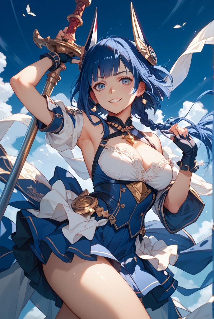 (White background:1.2),1girl,BREAK,Blue Hair, short hair, blue eyes, cute, Narrow waist, Toned Up, Large Breasts, Bare shoulders, Red neckerchief, Blue elbow gloves, Blue fingerless gloves, Pauldrons, belt, breastplate, White headband, Short dress, Dress slit, Blue tight boots, Blue long boots, Pegasus Knight Uniform (Fire emblem), blush,Open your mouth,(Her skirt is lifted up and her panties are visible,Blue and white striped panties:1.3)