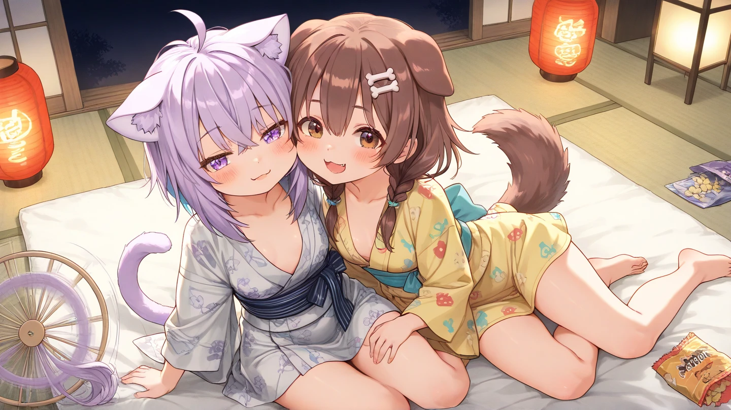 inugami korone,nekomata okayu,2girl,Females in heat,mating season,blush,open mouth,yukata,collar,gigantic huge breasts,looking at viewer,Taken from the viewpoint above,upturned eyes,near,standing up,Lined up,ryokan,in room