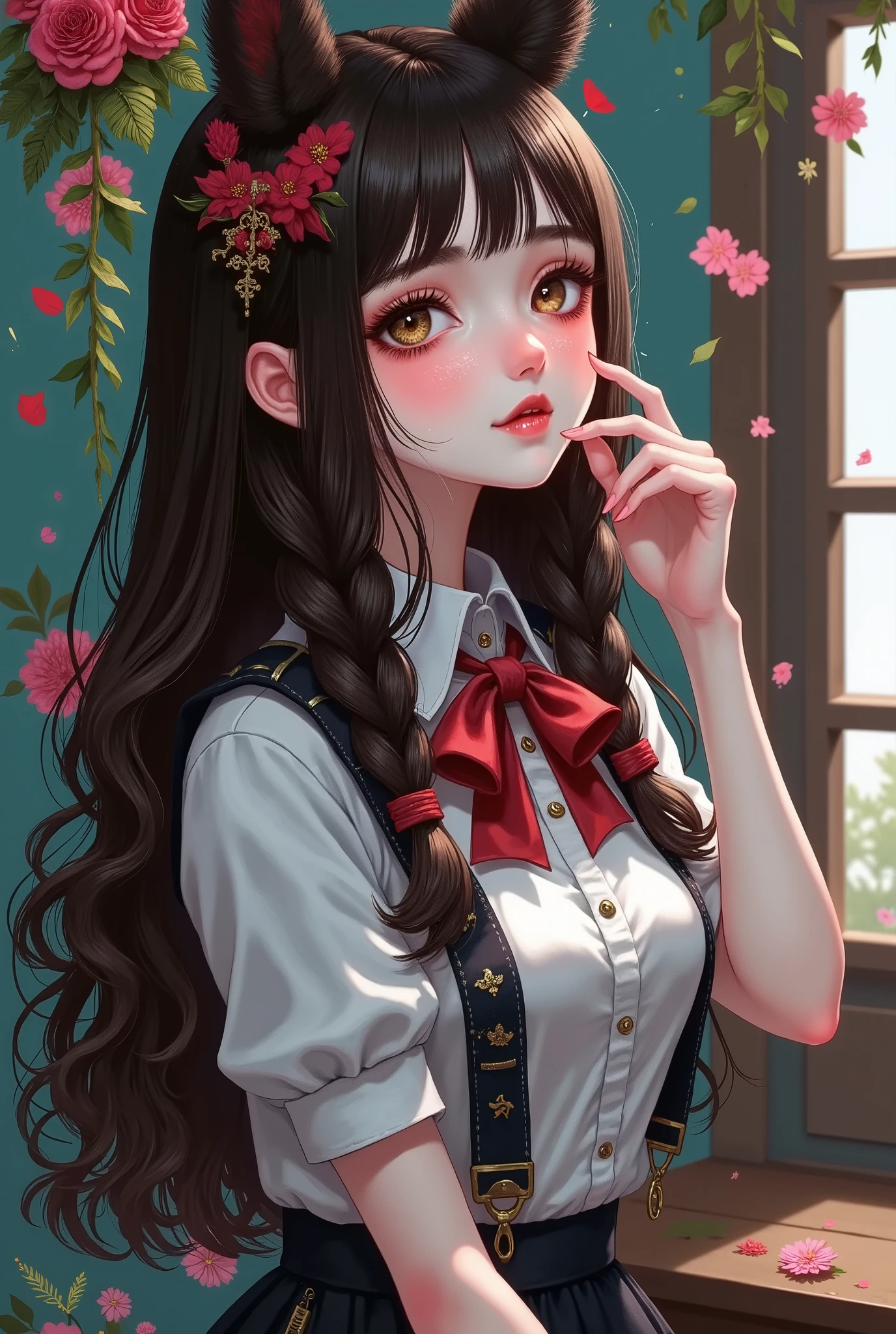 Girl, long wavy and falling brown hair, olive brown eyes, sharp features, white skin, light pink lips, beautiful, perfect, elegant looking, wearing a formal school uniform, bright colors, high quality resolution.