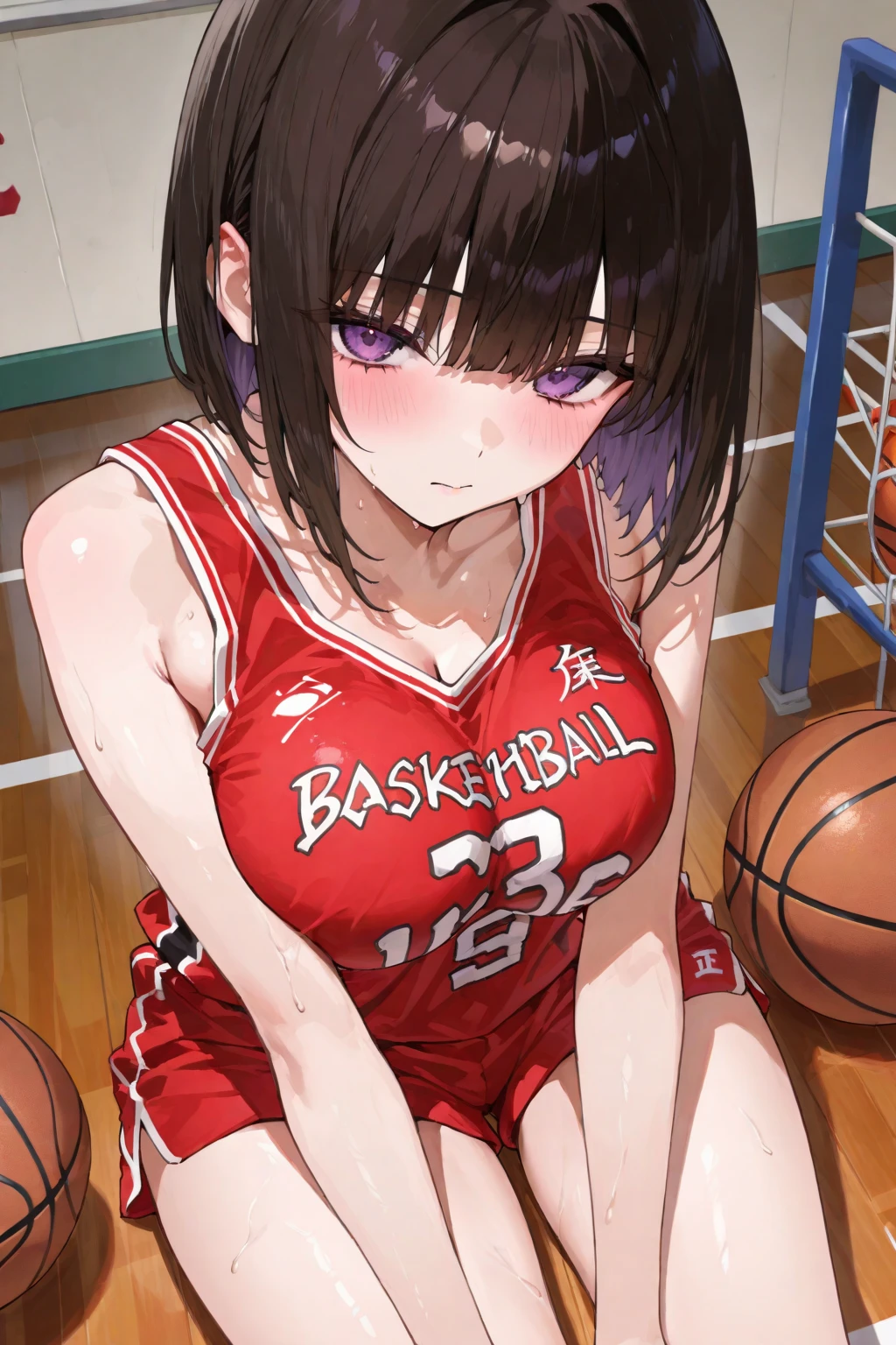 ((Highest quality)), ((masterpiece)), (detailed), One girl, basketball、((shoot、ダンクshoot))、(One-handed dunk)、Slam Dunk、Black Hair、Shortcuts、basketballコート、indoor、gym、From above、Uplifting、((Japanese、high school girl))Slam the ball into the goal、Sweat、飛び散るSweat、Wet、Super Jump、【【Jumping pretty high】】、片手でbasketballを持っている、From aboveアングル、