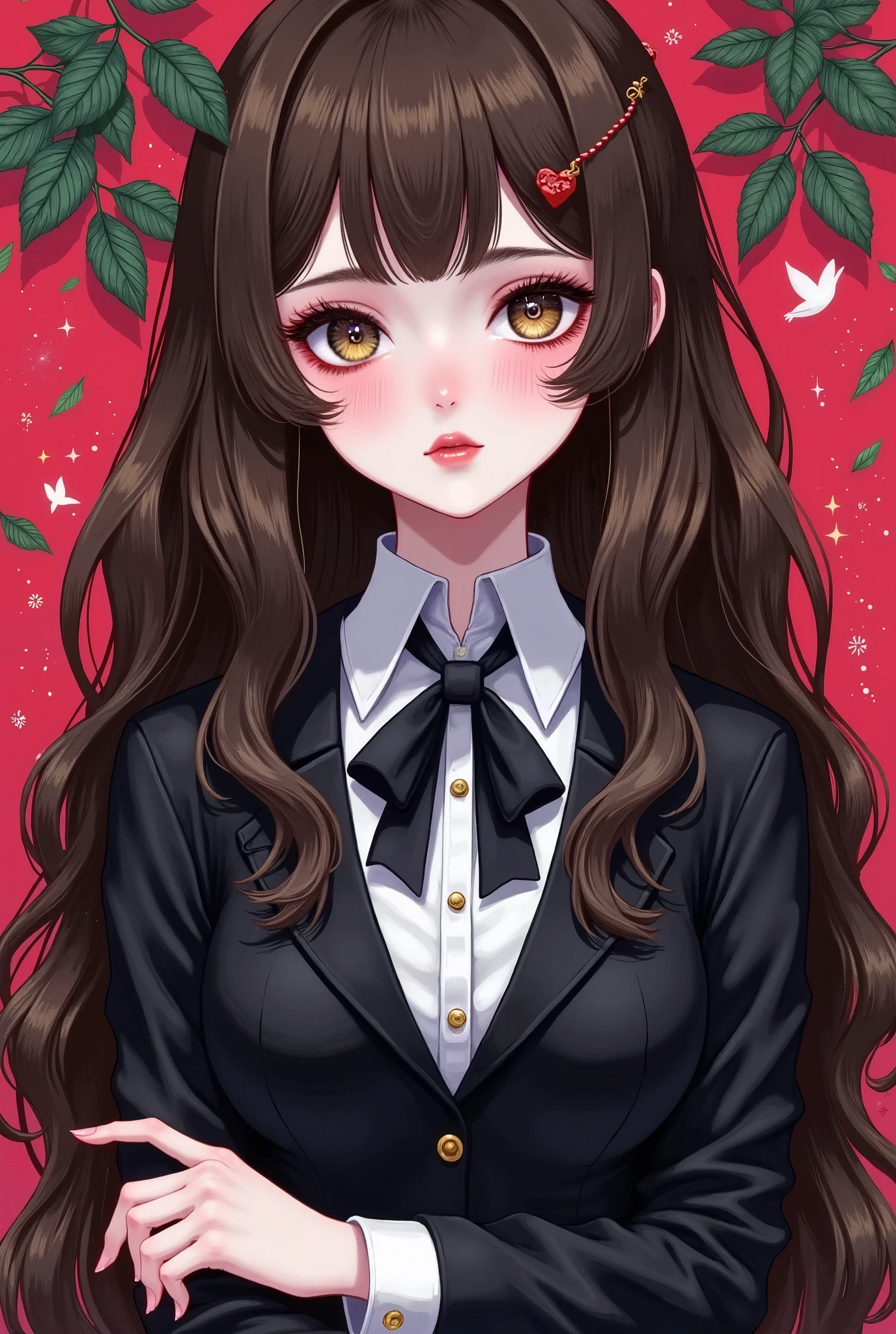 Girl, long wavy and falling brown hair, olive brown eyes, sharp features, white skin, light pink lips, beautiful, perfect, elegant looking, wearing a formal school uniform, bright colors, high quality resolution.