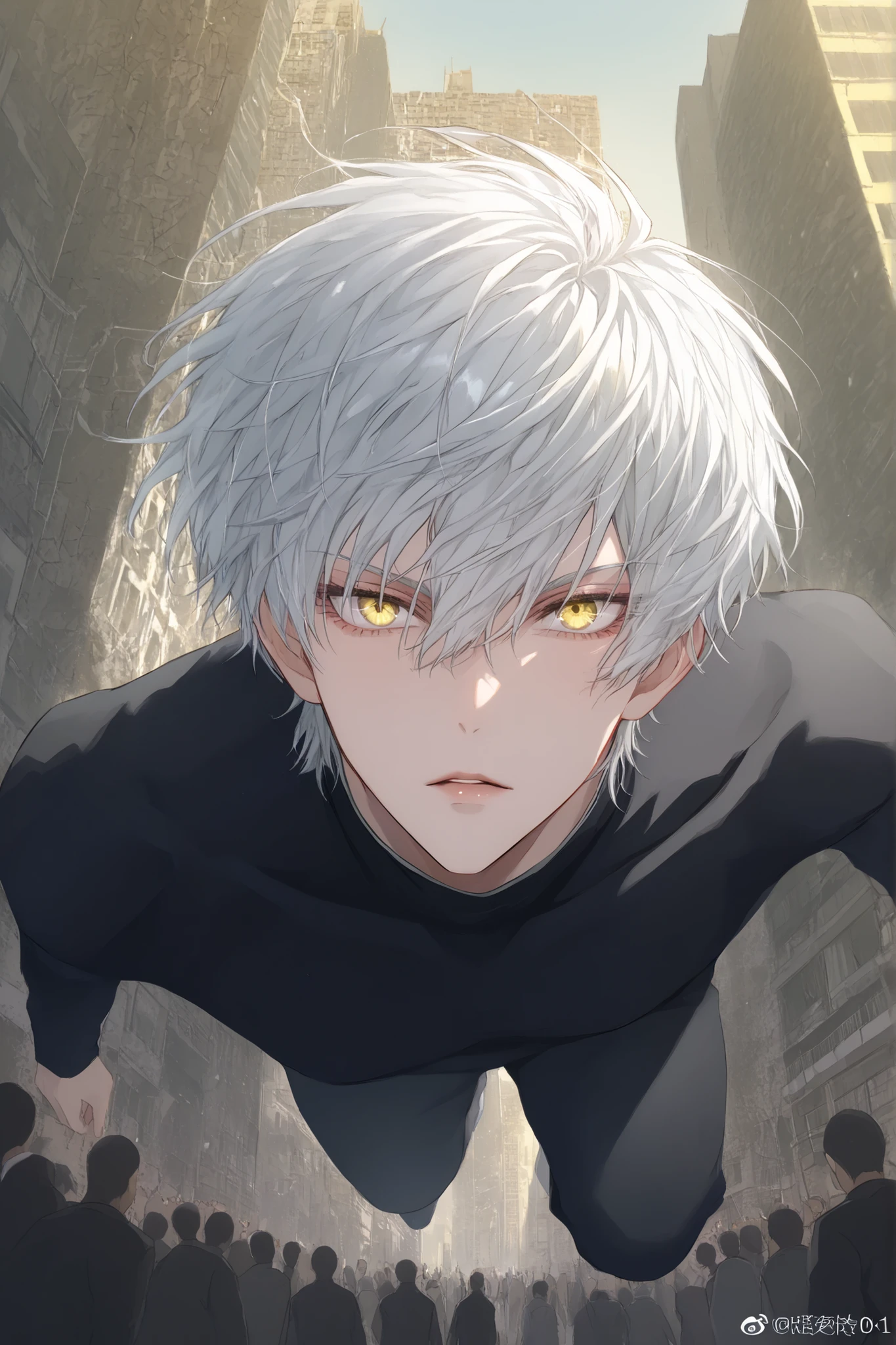 (man:100%) (close-up of a better masterpiece:0.5)0.9], (buildings and people:8:2) (Scattered silver hair:1) (Yellow and yellow eyes:1.2) (wolf cut:1.0) (by color in the eyes:1.0) (Shining brilliance:1.1) (thick lips jumping:0.9) (silver hair 1.0) (Full body ratio 100)
