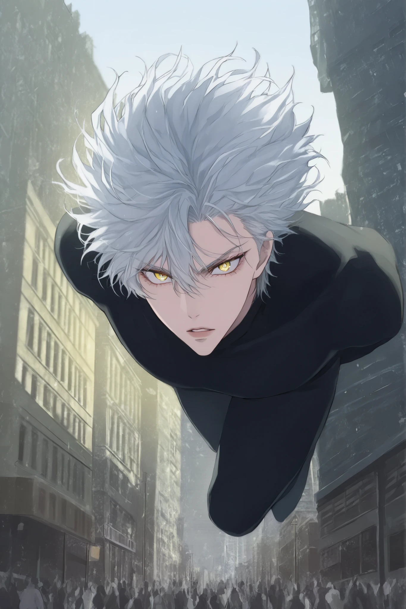 (man:100%) (close-up of a better masterpiece:0.5)0.9], (buildings and people:8:2) (Scattered silver hair:1) (Yellow and yellow eyes:1.2) (wolf cut:1.0) (by color in the eyes:1.0) (Shining brilliance:1.1) (thick lips jumping:0.9) (silver hair 1.0) (Full body ratio 100)
