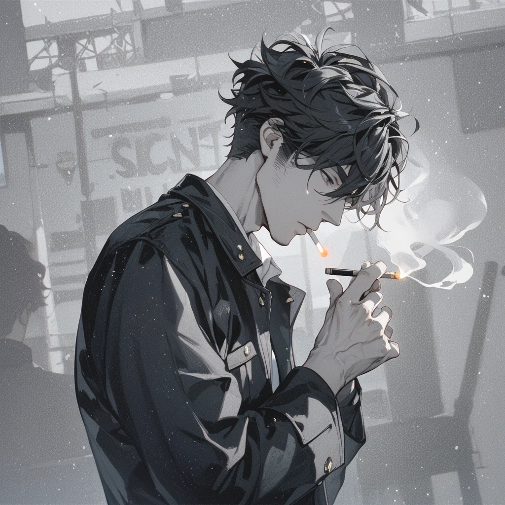 Landscape、whole body、1 Female,alone,nice,she put a cigarette in her mouth, she cigarette a cigarette,cigarette,cigarette,Jet black background,silhouette,dark,darkness