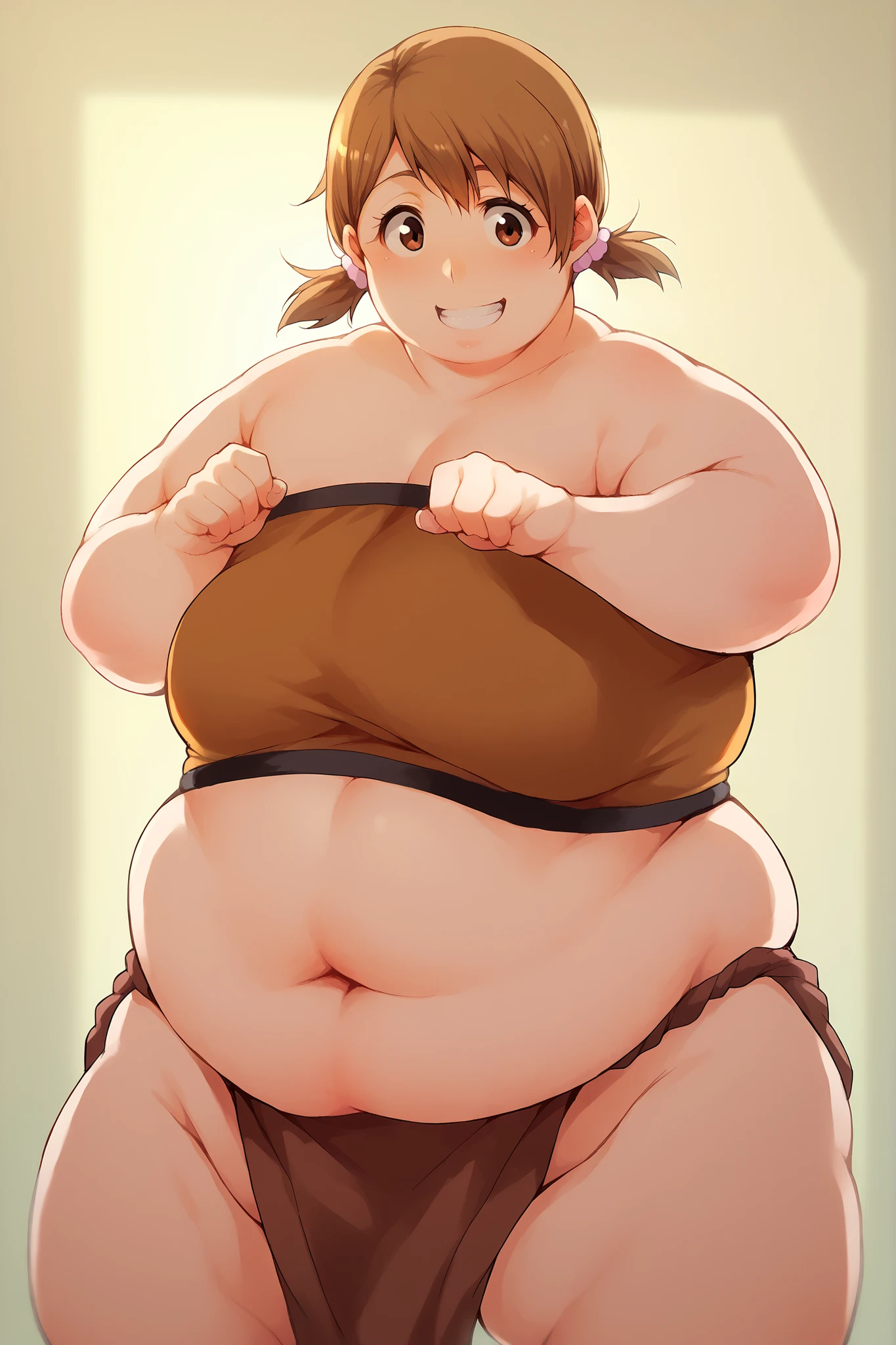 portrait, sharp focus, soft lighting,, , illustration, depth of field, (bloom:0.4), , yuzu, short hair, brown hair, brown eyes,, twintails, smile, fat, chubby, obese, tube top,loincloth,  a mawashi, sumo wrestler, shiko dachi stance, horse stance, full body shot 
