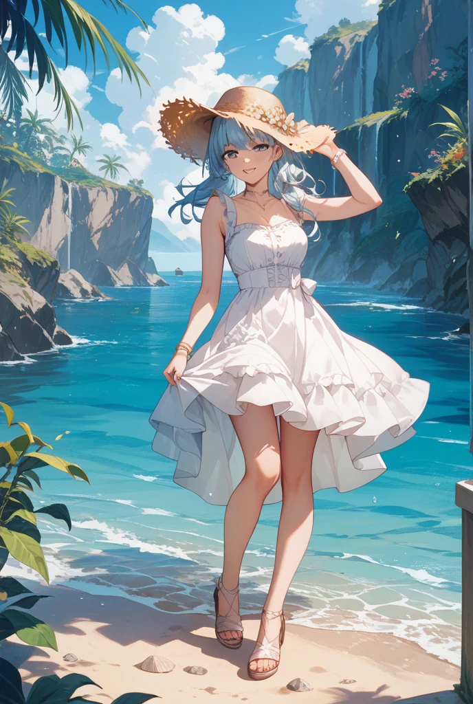 (top-quality、in 8K、32K、​masterpiece、UHD、超A high resolution、Impresionismo、Photorealsitic:1.2)、Full body, blue open sky、Tropical seas、Palm trees、beauitful face、blurry backround、18-year-old beauty、shinny skin、 (１The fox tail of the book grows:1.3)、Beautiful silver hair、short-hair、(poneyTail:1.3)、Deep green eyes、Fox ears、Maxi skirt、flipflops、Floral hair ornament、a straw fedora hat、raise arms、Smile with open mouth、skin tanned、Curve、