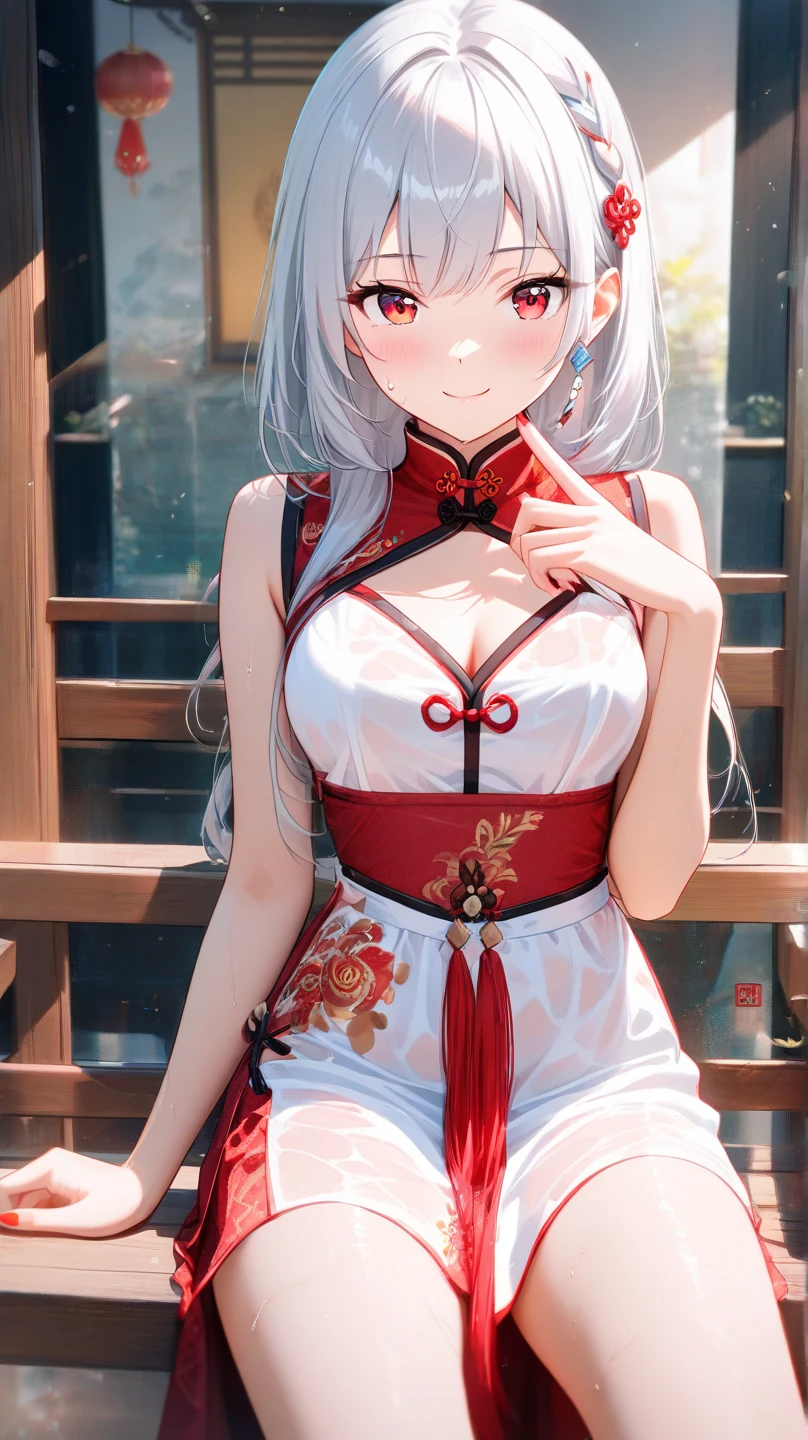 tmasterpiece，best qualtiy，offcial art，8k wallpaper，highly  detailed，illustratio，1个Giant Breast Girl，White hair，long whitr hair，Detailed eyes，Forrest gump，exposed bare shoulders，Red cotton jacket with white down trim，lakes，pure，softl smile，bamboos，teas，Barefoot