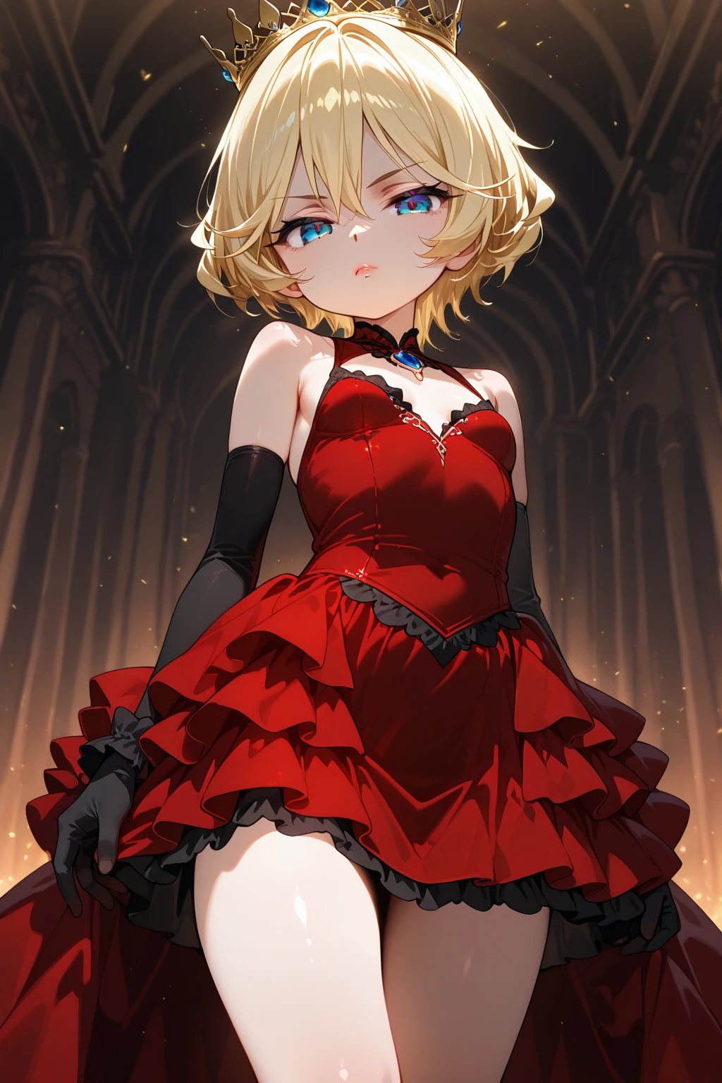 ((Best Quality, 8K, Masterpiece: 1.3)), (Flower Head: 1.3), Focus: 1.2, Perfect Body Beauty: 1.4, Hips: 1.2, (Layered Haircut: 1.2)), (Dark Alley: 1.3) , Highly Detailed Face and Skin Texture, Full Body, Delicate Eyes, Double Eyelids, Bleached Skin, Long Hair, (Round Face: 1.5), (red open dress with slit up to waist: 1.6)