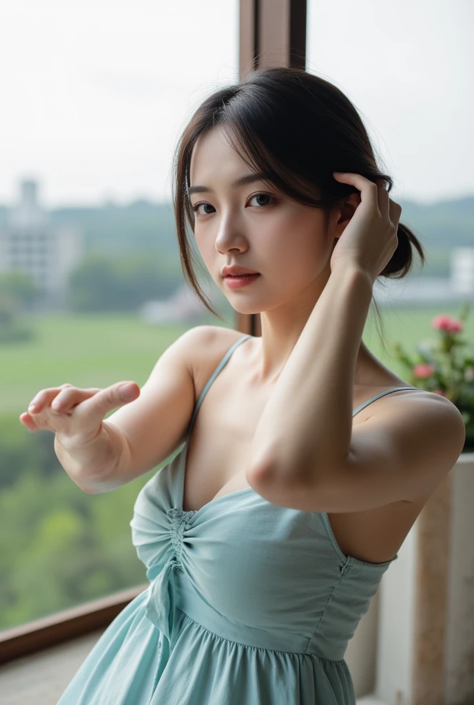 (Arabesque:1.3), (Highest quality:1.4), (Very detailed), (Very detailed美しい顔), (Realistic Skin:1.4), (Girl practicing ballet:1.8), (The light of the setting sun shines through the window), 17 years old, Great face, Symmetrical eyes, iris, Sideways Evening Updo, Japanese Girl, (Skinny body type:1.2), (Flat Chest:1.2), (Ballet practice clothes:1.2), (avert your eyes:1.3), Smooth, Very detailed CG 統合 8k 壁紙, High-resolution RAW color photos, Professional photography, Light, バックLight, dream-like, impressive, Written boundary depth, Ballet Classes, (Shooting from the side:1.3)