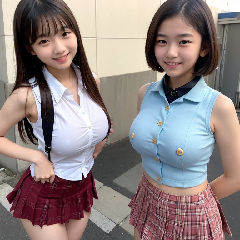 (high quality)、(high resolution)、Two junior high school students、Looking at me with a smile、whole body、Big Breasts、Sleeveless shirt with buttons and collar、Tight mini skirt、Erect nipples