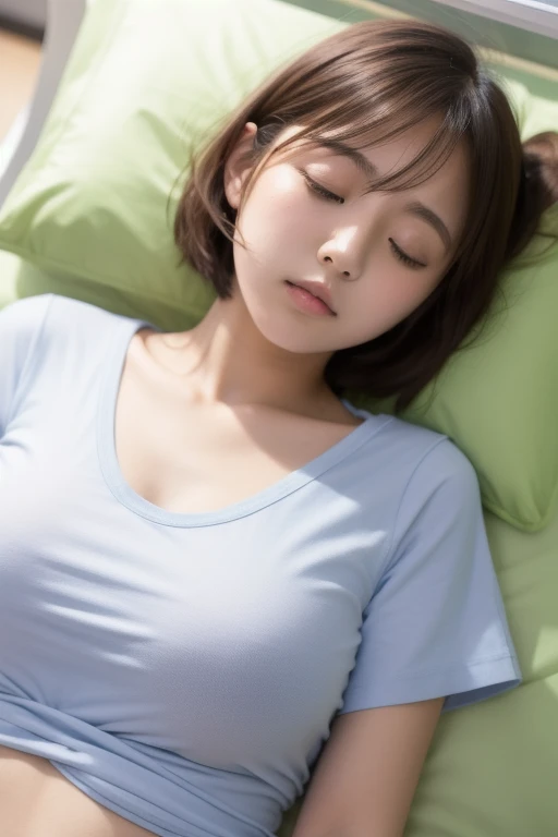 Beautiful girl sleeping peacefully, 14 years old, (Highest quality:1.4), (Very detailed), (Very detailed美しい顔), (Close ~ eyes:1.5), White T-shirt, Great face and eyes, iris, Medium Hair, The Beauty of Japan, (Skinny body type:1.3), (Flat Chest:1.3), (smile), Smooth, Very detailed CG synthesis 8k wallpaper, High-resolution RAW color photos, Professional photography, Light, BackLight, dream-like, impressive, Written boundary depth, Bedroom, (Face close-up:1.3), (Shot from above:1.5)