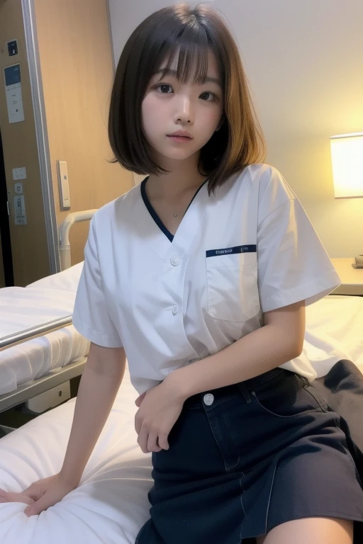 1 girl,(Wearing white nurse clothes:1.2),(RAW Photos, highest quality), (Realistic, photo-Realistic:1.4), masterpiece, Very delicate and beautiful, Very detailed, 2k wallpaper, wonderful, finely, Very detailed CG unity 8k wallpaper, Very detailed, High resolution, Soft Light, Beautiful detailed girl, Very detailed eyes and face, Beautiful and detailed nose, finely beautiful eyes, nurse, Perfect Anatomy, Black Hair, Upstyle, nurse uniform, (()), Long skirt, nurse, White costume, thin, hospital, clear, White Uniform, hospital room, Neck auscultation,Bobcut、Sit with your knees apart