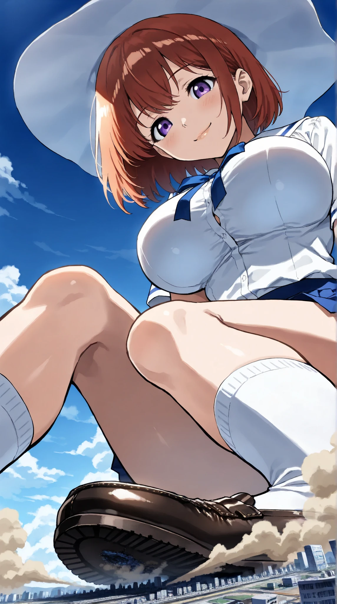score_9, score_8_up, score_7_up, sit on the ground, real_Anime, BREAK ((masterpiece, top quality, Highest image quality, high resolution, extremely detailed CG integrated 16K wallpaper)), (((giantess, Super oversized giantess))), beautiful young woman's background, cute smile, Beautiful Eyes Carefully Drawn in Every Detail, Shiny Lips ,realなスキンテクスチャー, glossy skin, Smooth Hair , Super Big Breasts, beautiful round breasts, narrow waist, wide hips, Attractive perfect body , Clothed woman, summer schoolgirl uniform, miniskirt, white socks, Leather shoes), ((very detailed and super fine super tiny city、collapsing city、Dust cloud, catastrophic world collapse depiction)),
Outdoors(From directly below the giant), The Sky Is Very High, ((Accurate 3-Point Perspective View, extremely accurate perspective depiction, Ultra-wide field of view, The Closer to Very Super Huge Depiction)), (((A sense of dynamism that destroys,or more depiction of a super giant woman with shocking destructive power))),