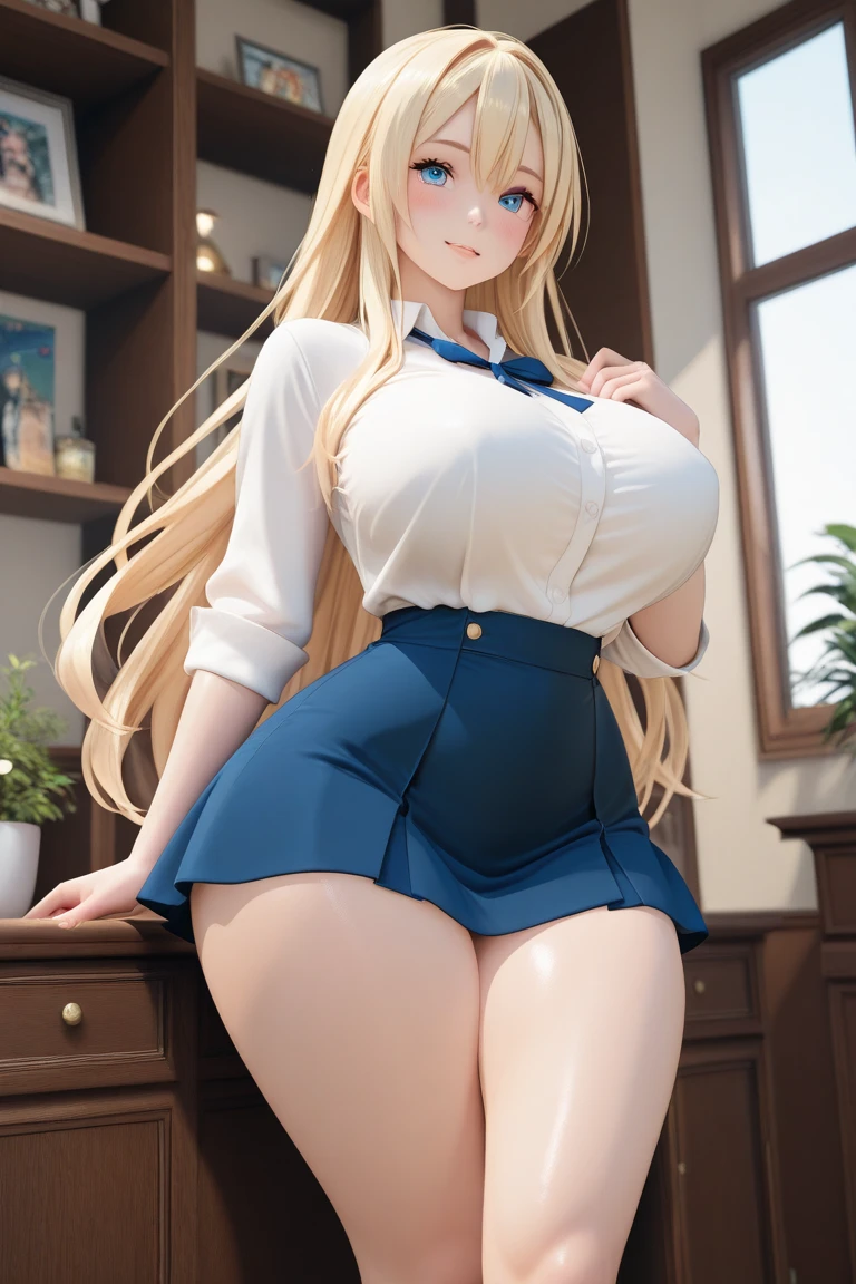 young girl, blue eyes, blue Pullover, black long skirt, whole body to see, smiled, excited, moans, blond long hair, (( very wide hips)), (((colossal Thighs, gigantic thighs, very huge thighs, very big thighs))), sexy pose, wet clothes