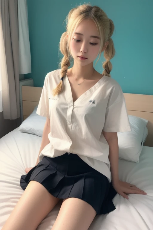 real、( face, virgin face, masterpiece, 1 Girl, Very detailed, Fine skin, White skin, Lighten up the subject, Movie Light, beautiful face, Beautiful Eyes, Lip gloss), (((Ash Blonde Hair)))、((Short Bob))、((school uniform))、open shirt、Emphasize the cleavage、Blunt bangs,blue eyes, (((large natural breasts))), ((full body))、Sitting a bed、from the front