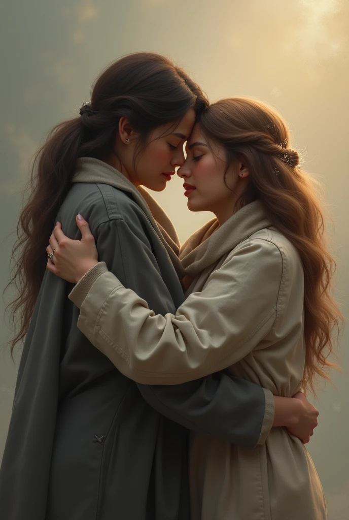 by the river,Viking watching his wife kissing another woman,Caress each other。