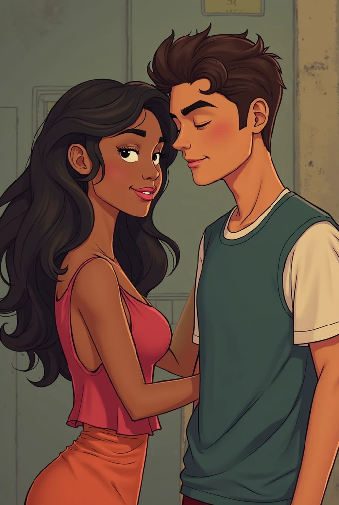 1 girl with long dark wavy hair, brown skin, dark eyes, Latin features, wearing a pretty purple dress, teenagers, and 1 white boy with brown hair, brown eyes, teenager, dressed in a casual white t-shirt, looking at each other a little further apart