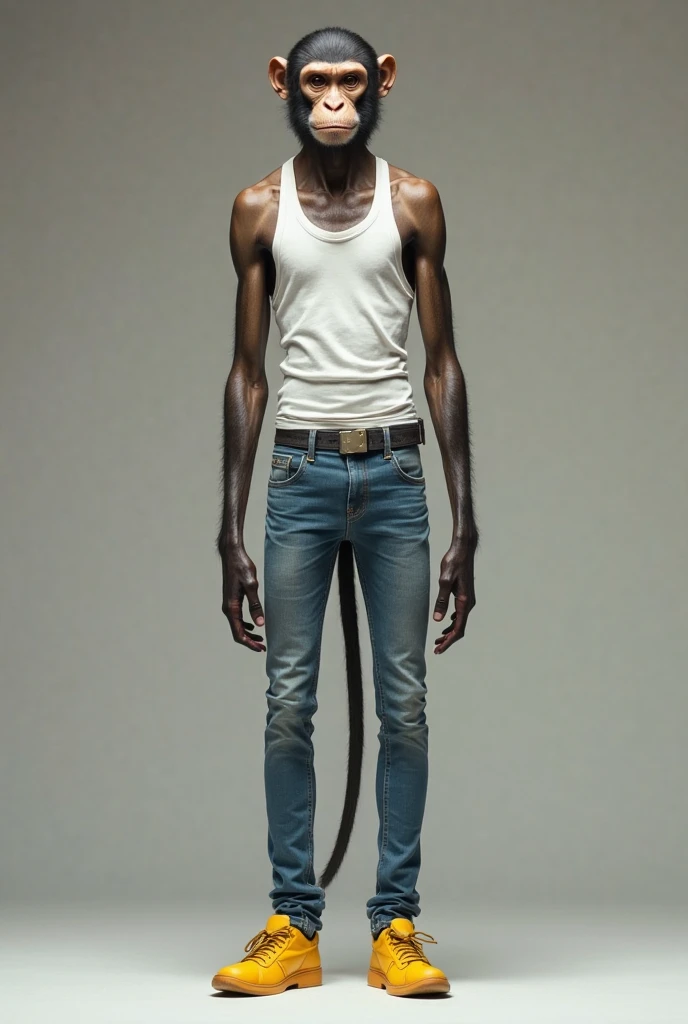Create a skinny and hairy man with just jeans, thin short hair and lots of body hair 