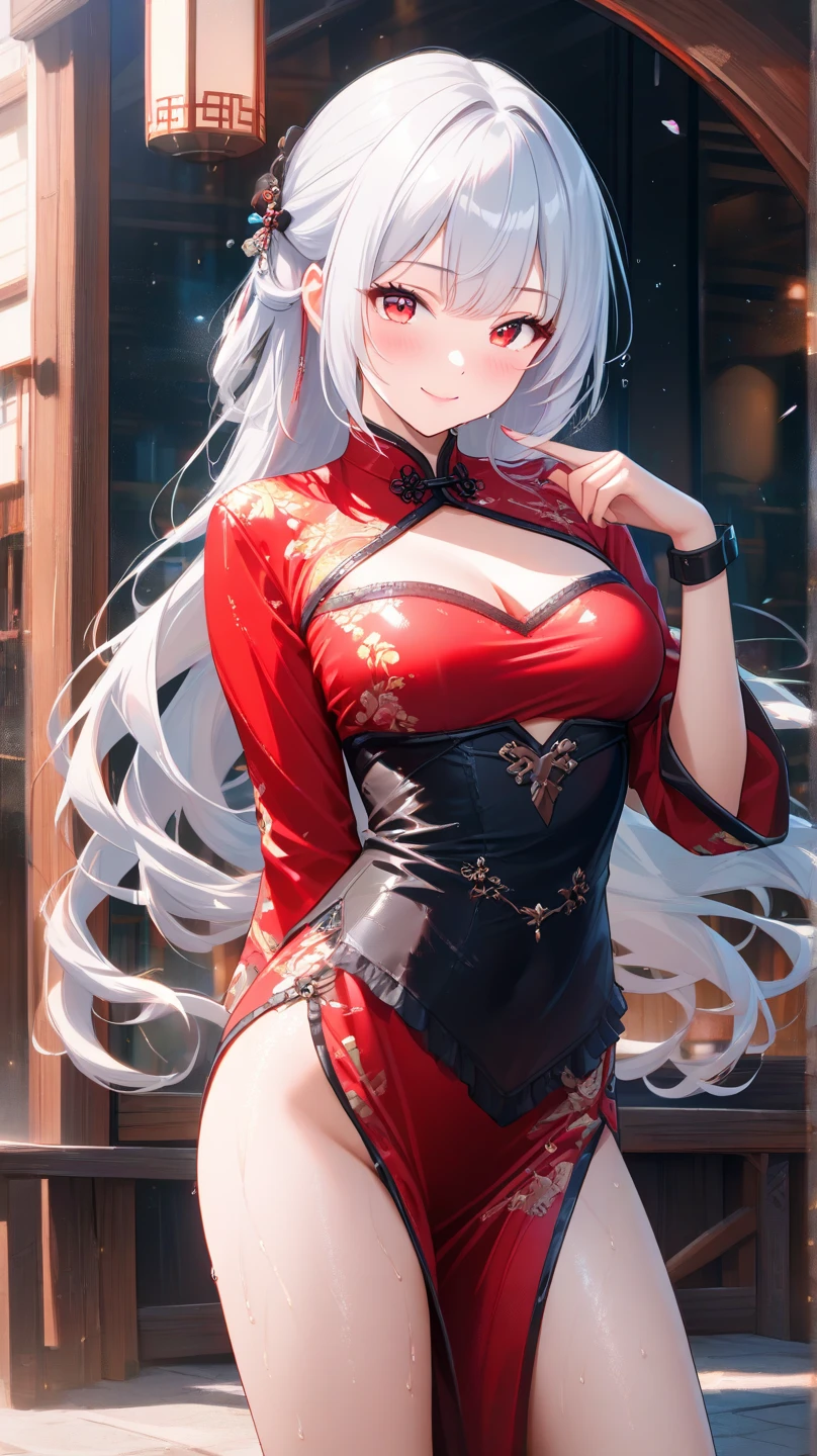 masterpiece, high resolution, high quality, pink cheongsam, eatery, big breasts, cat ears, floral pattern, yellow eyes, gray hair, twin tails