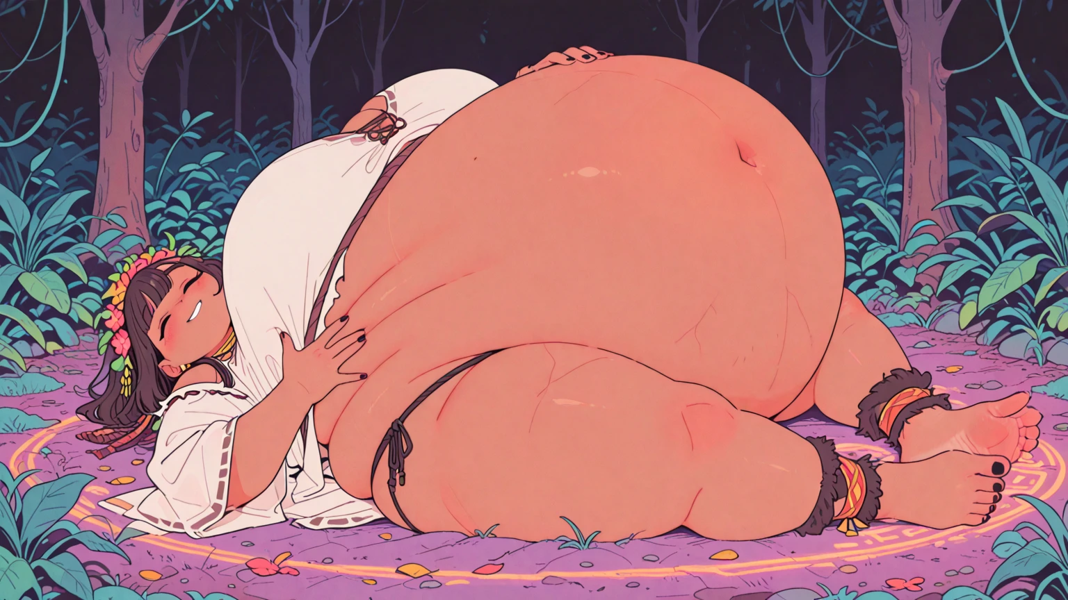 {Side view} a furry young girl in a treehouse indulging with food {[girl: canine, anthro, huge breast, round belly, huge thighs, wide hips, chubby belly, overgang belly, laying down in couch, hands on belly]} barefoot, shorts, underwear, filling the couch, massive size