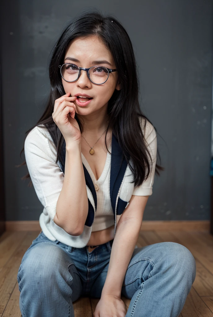 ((Best Quality, 8k, Masterpiece: 1.3)), Photorealistic, Sharp Focus, High Quality, High Definition, ((look down)), Portrait, Solo, Japanese Milf, Beauty, glasses, ((Show Panties:1.5, Open legs Wide)), 40 years old, Plump, Wavy hair, Wetty White Shirt, Wrinkles at the corners of the eyes, Toilet, Plumbing, Tile, (open mouth:1.1),