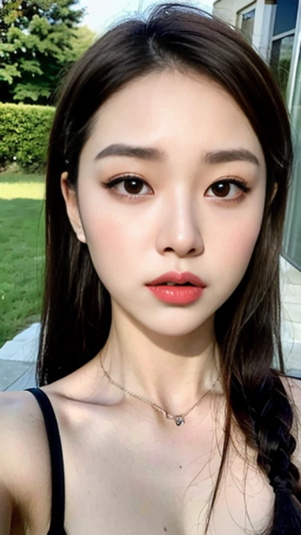 ((Best picture quality, 8K, tmasterpiece: 1.3)), self-shot, Sharp focus: 1.2, A cute beauty with a perfect figure: 1.4, Slim big breasts, ((Brown hair black)) , (Small flesh-colored dress,Highly detailed face,Happy expression,standing on your feet:1.2),((A city with blue skies and white clouds,At the cafe:1.3. Produced with a major focus on women)),Highly detailed facial and skin texture,Detailed eyes,二重まぶた