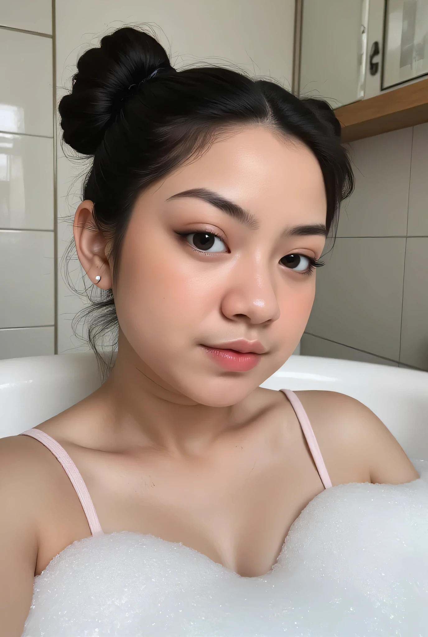 Cum in mouth The facial reaction is very gloomy and sad, CREATE ANIME CARTOON 3D PHOTO, "A highly realistic, ultra-detailed portrait of a woman relaxing in a bubble bath, captured in the best settings of a SONY A7R with a fast prime lens (f/1.8). The scene features a minimalist bathroom with soft, natural lighting, emphasizing the subject's smooth skin, delicate facial features, and the dynamic texture of the foam. Hyper-detailed textures, cinematic lighting, and a sharp focus create an immersive depth. 32K resolution, photorealistic rendering, skin pores and water droplets visible, ultra-sharp image, professional photography style." Wajah KELIHATAN muram Dan sedih, chubby cheeks, Bun Bun Hairstyles.