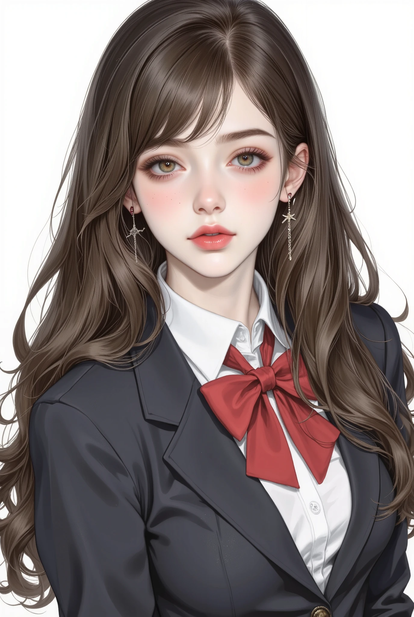 Girl, long wavy and flowing hair, brown blonde hair, olive brown eyes, sharp features, white skin, light cherry lips, beautiful, perfect, elegant looking, wearing a formal Japanese school uniform, bright colors, high quality resolution .