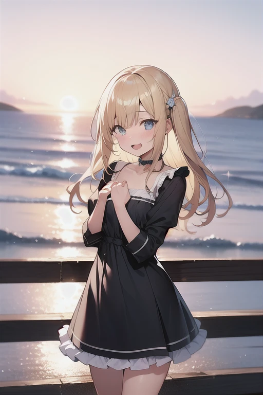 (Masterpiece, Top quality:1.5), (dynamic angle:1.2), (1 beautiful girl, solo:1.2), squatting down, (Blonde:1.3), medium Hair, wavy Hair, asymmetry bangs, swept bangs, airy hair, large breasts:1.2, 14 year old, (black sundress:1.3), smile:1.3, blush, beautiful scene of seaside, magnificent panorama view, blurry background ,open mouth, sunset