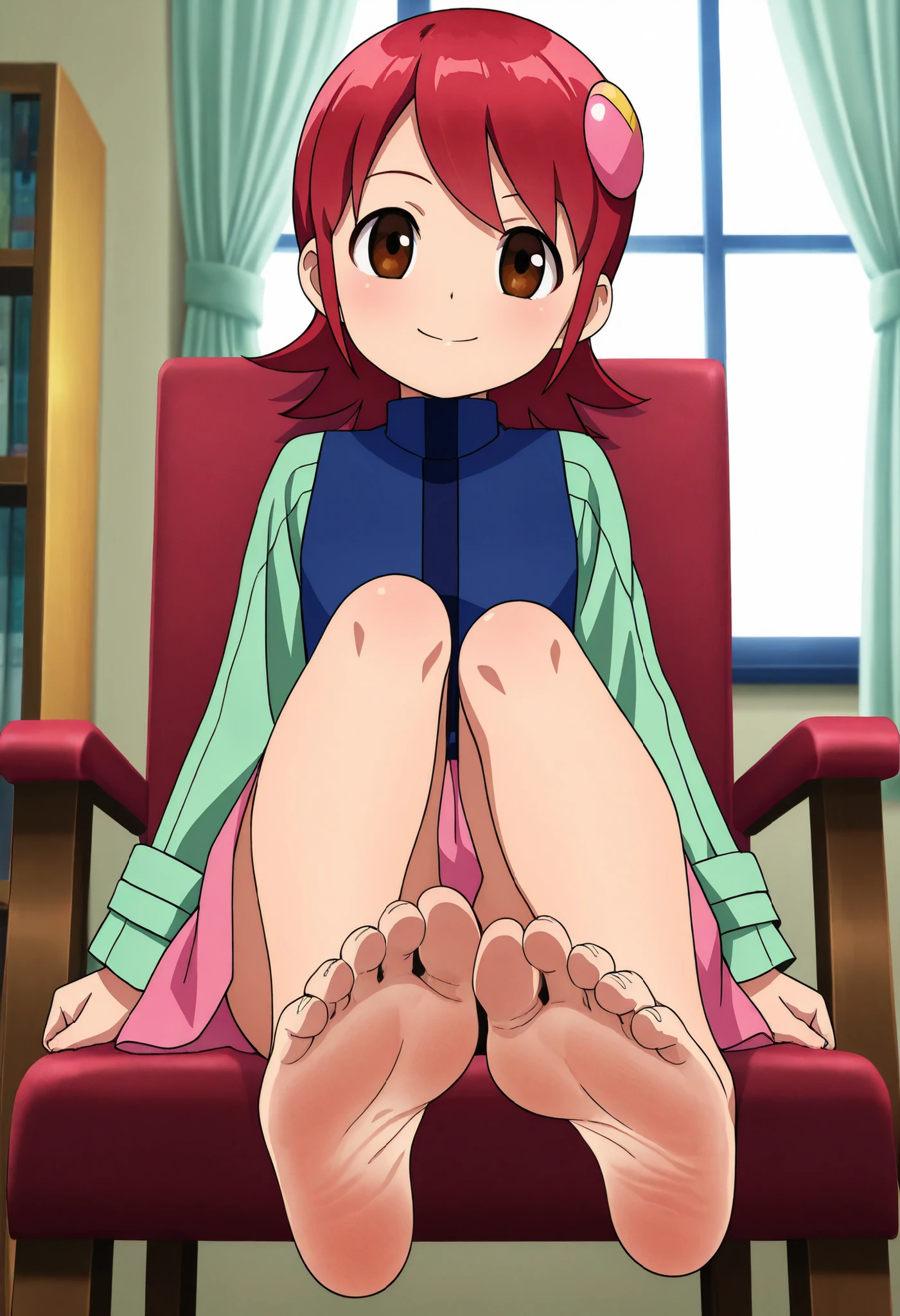 anime screencap , masterpiece , best quality , general,highres, ultra-detailed,very aesthetic best hands, anime screencap, anime coloring, official art, 1girl, solo, mayl sakurai, short hair, red hair, brown eyes, hair ornament, blue vest, green long sleeves, pink skirt, smile, <lora:mayl_sakurai_epoch_10:1>, sitting , looking at viewer, indoors , room, chair, bookshelf , window , curtains, legs up, foot focus, barefoot, foot, toes, soles, foot wrinkles, highly detailed soles, each foot has exactly five soles, showing her soles to the viewer