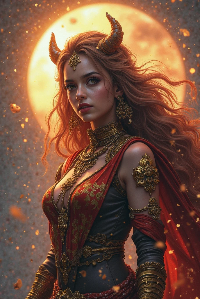 ((Masterpiece)), ((((She is sexy and sensual)))), ((her red and metallic hair is large and make a mosaic in the air)), A beautiful war goddess with fire eyes, She is wearing small pieces of red clothing, her small, low -cut dress mixes with a light breeze, (She is confident and determined, she is irresistible), She is in a dry plan at sunset, She is looking at you, She brings happiness in her gaze, she has a big smile for you, she beat her battle enemies, ((art by Greg Rutkowski)), Masterpiece, better quality, clear focus, dynamic pose, cinematic lighting, Hyper detailed ultra sharp, (((((ornate))))), ((((intricate)))), ultrarealistic, dynamic, smooth, sharp focus, illustration, 8k, cinematic light