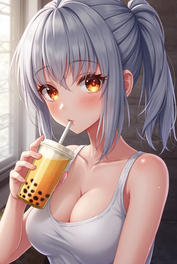 perfect body, sensual cleavage, medium breasts, black suit, Girl eating ice cream in a sensual way, Ultra HD, 4k image, view of the character from above, best image quality, (fidelity: 1.4), light green globe eyes, eyelashes, pupils beautiful, shadows, slight blush, delicate facial features, reasonable facial features, bare shoulders exposed, waist exposed