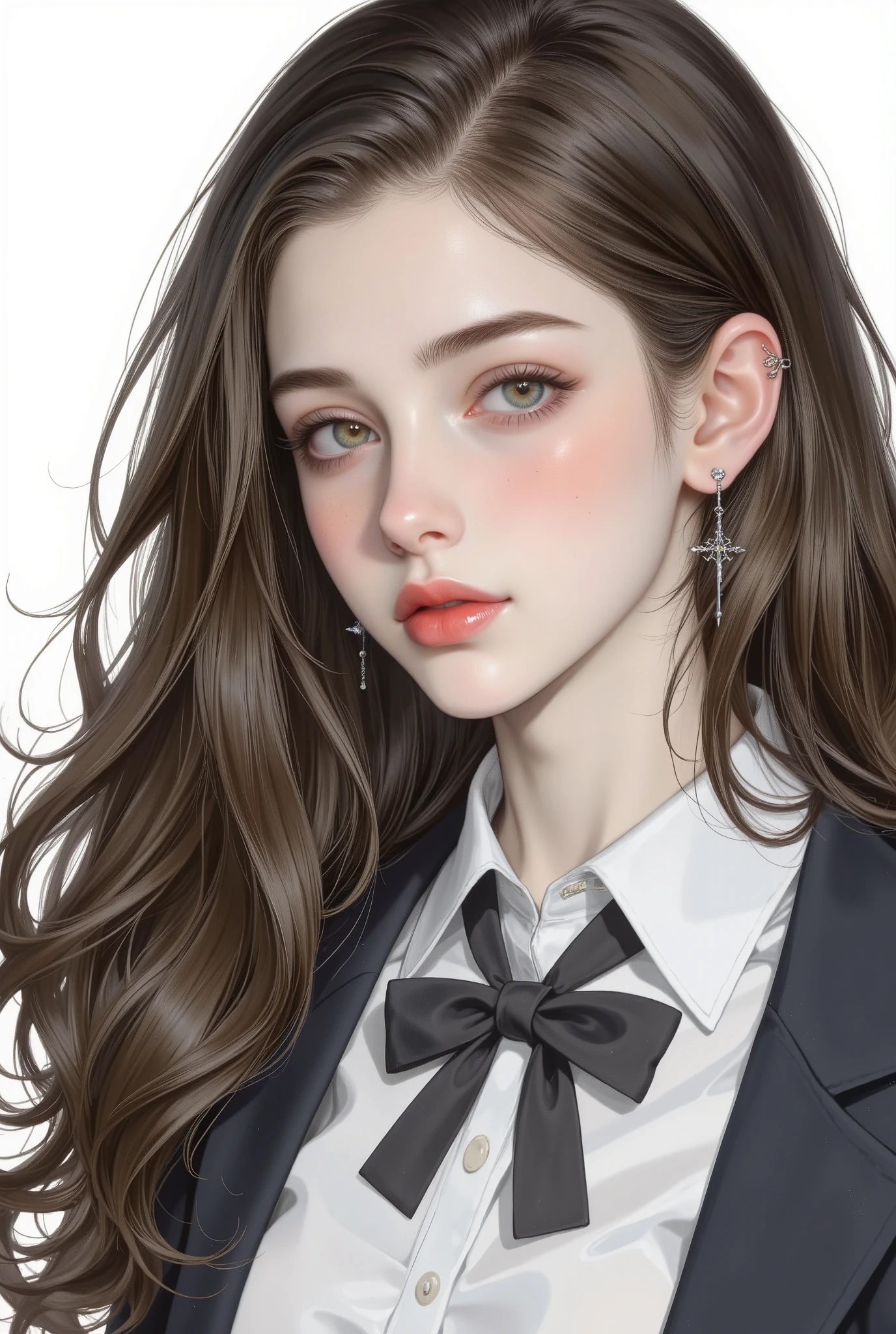 Girl, long wavy and flowing hair, brown blonde hair, olive brown eyes, sharp features, white skin, light cherry lips, beautiful, perfect, elegant looking, wearing a formal Japanese school uniform, bright colors, high quality resolution .