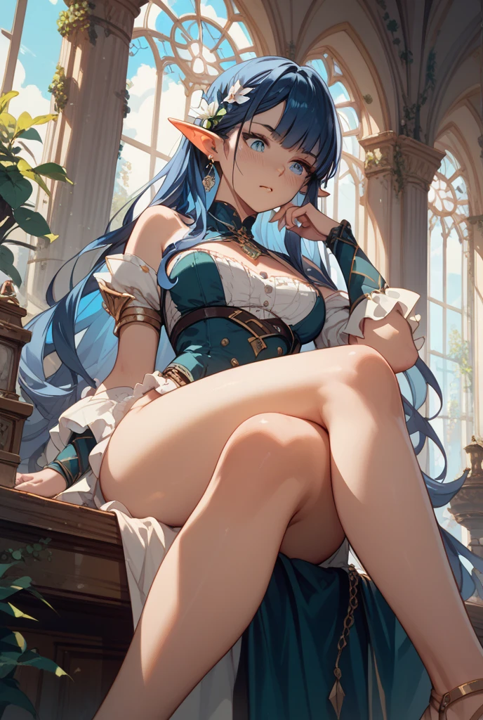 realistic image, detailed image, coherent image, 1 beautiful elf, she has very long hair, black hair, turquoise eyes, smiling, She is wearing a dongtan dress, showing her legs, She has a curvy body, medium breasts and thighs thick, She is sitting, posing sensually, arms hidden behind her back, chest sprouting, back arching, full body view, view from above, Soft focus, Dramatic shadows, Volumetric lighting, natural lighting, artificial lighting, White background,