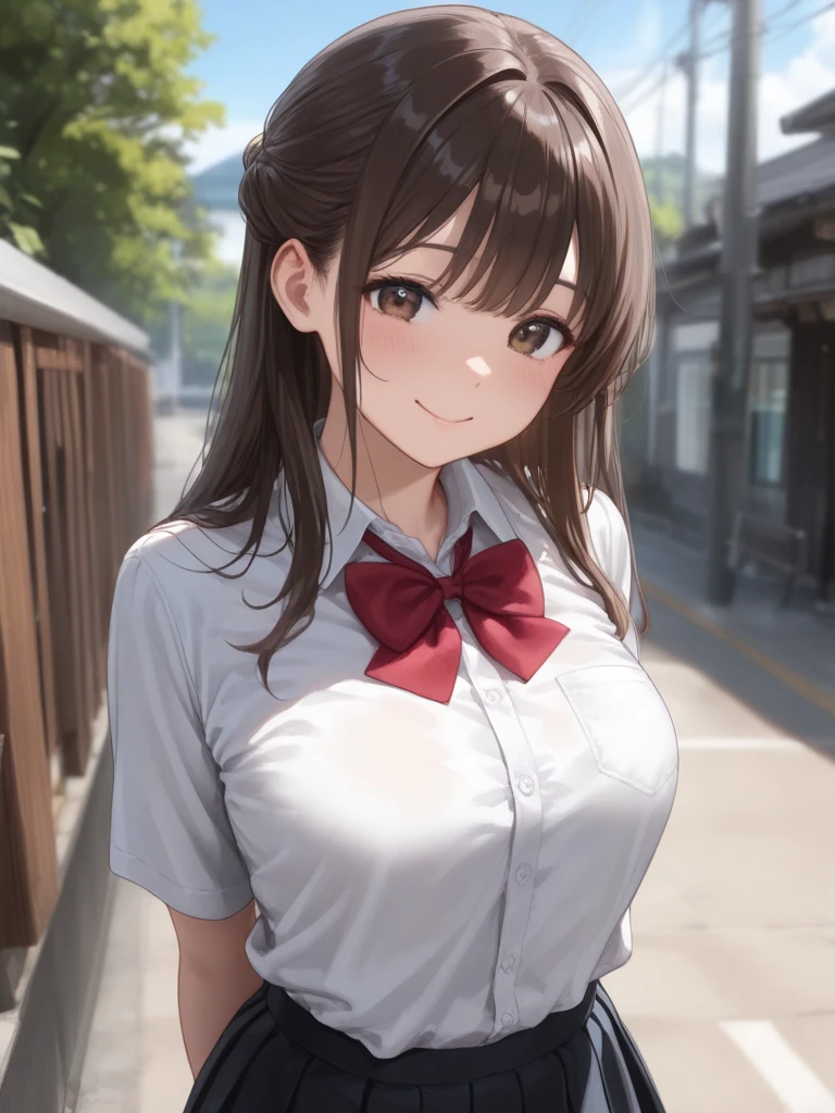 1girl, full body, solo, summer, village, trees, sun, clouds, ((chestnutl hair)), long hair, twintail, large breasts, ((black blazer)), button down shirt, ((white shirt)), ((short sleeved shirt)), ((unbuttoned shirt)), unbuttoning buttons, cleavage 1:3, brown eyes, skirt, grin, looking at the viewer, standing, touching neck, hair ribbon, golden necklate, hands on hip