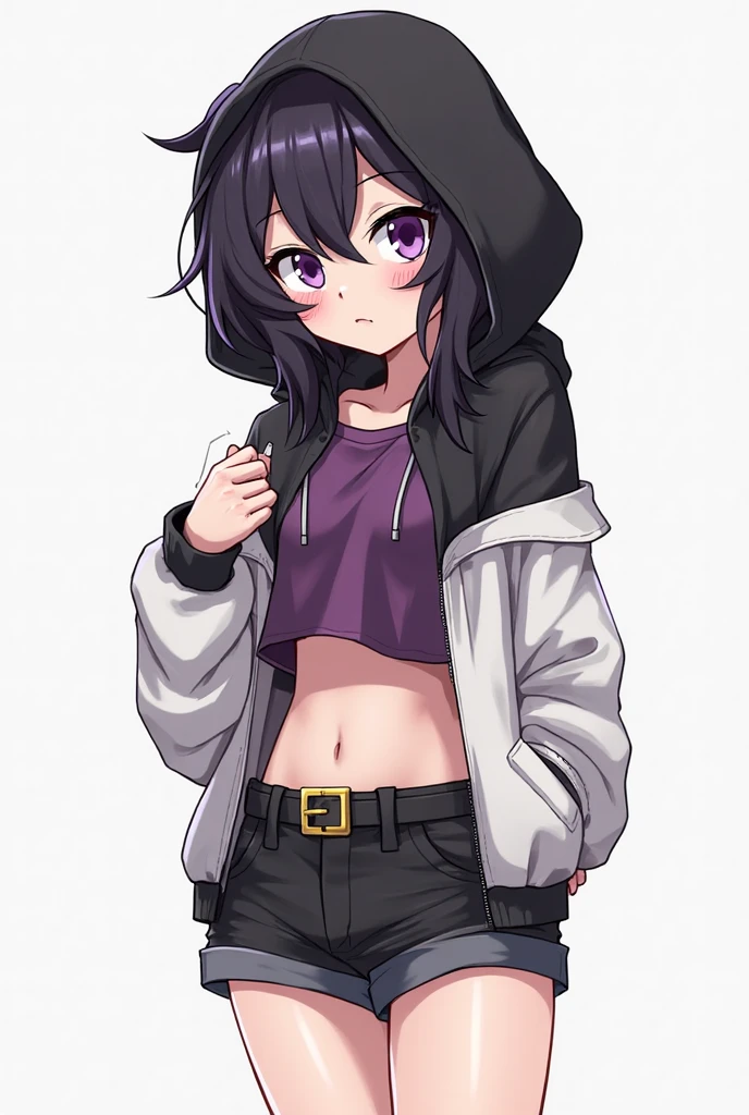 anime screencap, night city, moon, 1girl, solo, short hair, black hair, purple eyes, looking at the viewer, hair between eyes, front, cowboy shot, closed mouth, smirk, sweatshirt, sleeveless, shorts, groin, squats, legs apart, bare legs, chubby legs, big ass,