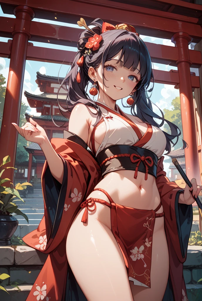 masterpiece, best quality, detailed, 1girl, pink eyes, long hair, black hair, (grapefruit in front), (temple in the background), sitting, red kimono, medium breasts, topless, light smile, arms behind back, water, sunset, hair ornament,