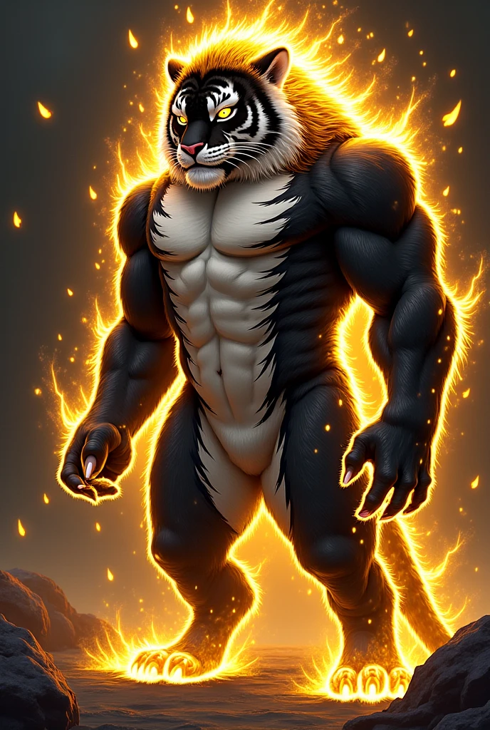 Chimera、Completely naked、A composition that captures the whole body、Black Legs、Black hairy legs、Hugely bulging black underwear、Green snake tail、緑色のSnake's head、Snake's head、Tiger paws、Black wolf-like body、Snake's head、the mane of a lion、Black wolf body、Tiger-like pattern、Angry lion face、Tiger arm、Tail scales、Very huge muscles、Very beautiful abs、paw pads on soles of feet、sharp claws on feet、White teeth、Golden Eyes、Night Factory Background、Composition looking up from the tongue