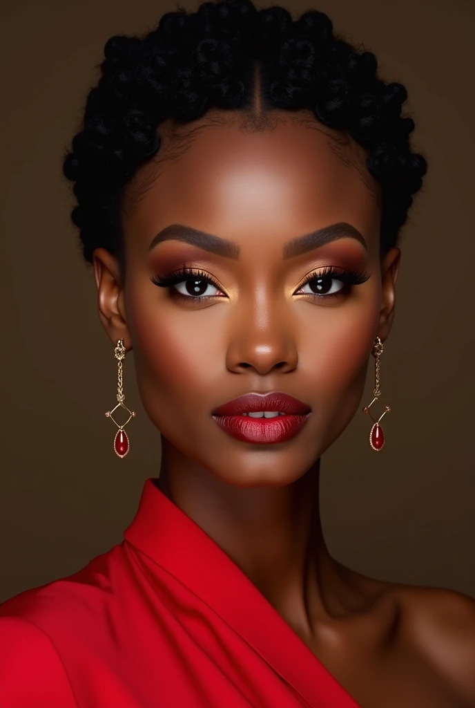 Beautiful woman Ebitimi wearing red dresig boobs))), (((cleavage))), vestido ornamentado vermelho, mulhee negra africana, mulher vermelha bonita, usando um vestido africano, beleza estonteante, mulher deslumbrante, Tema vermelho cabelo ondulado, mulher africana
